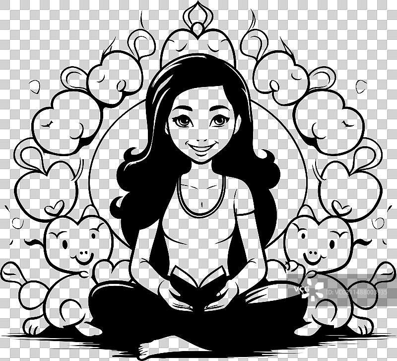 黑白莲花坐冥想女孩图片素材