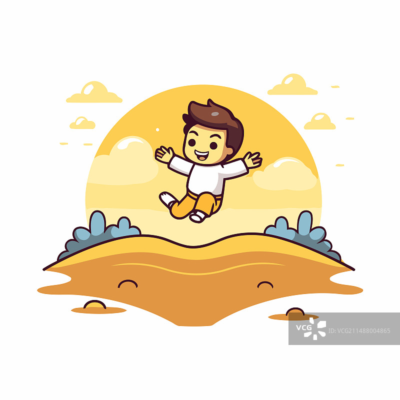 卡通风格：在海滩上跳跃的快乐男孩图片素材