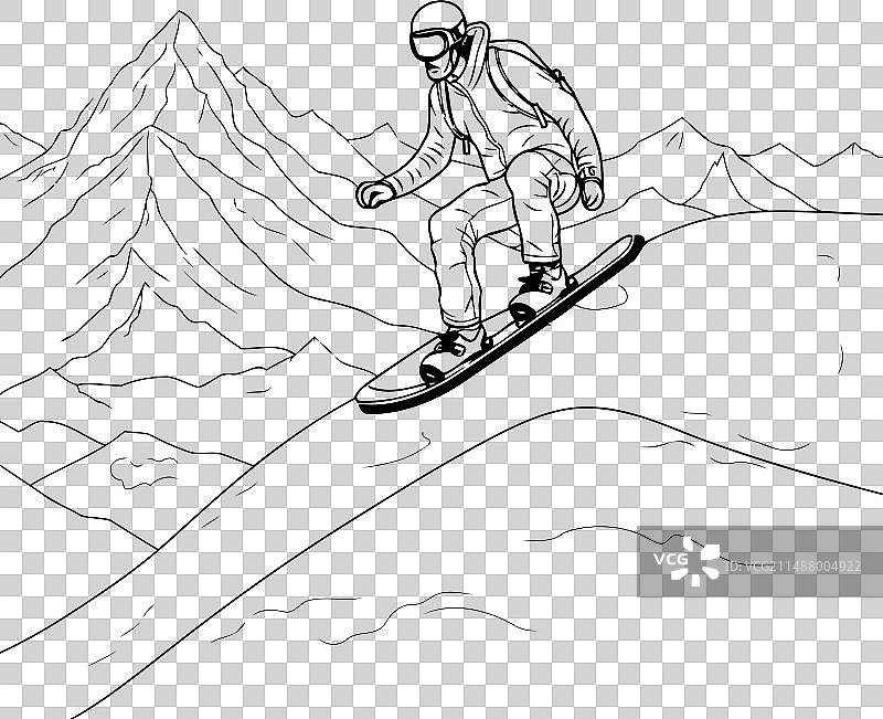 滑雪板运动员在山坡上速降滑雪图片素材