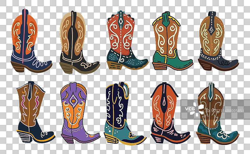 白色背景上展示的各种牛仔靴图片素材