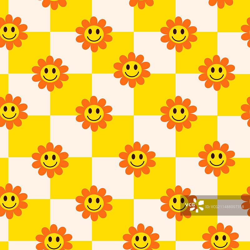 复古笑脸花朵方格图案（无缝）图片素材