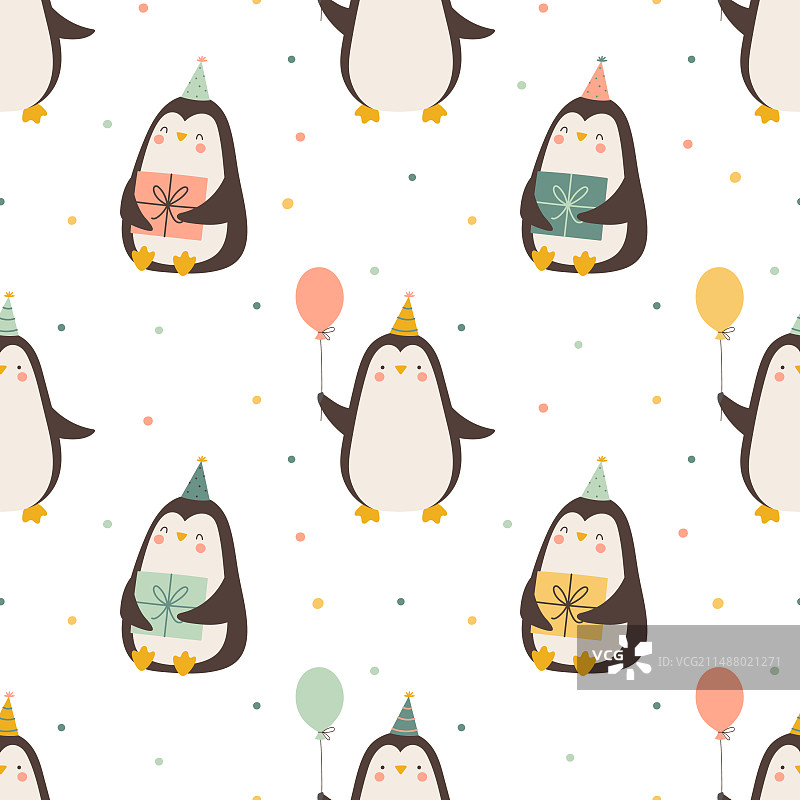 生日快乐可爱企鹅无缝图案图片素材