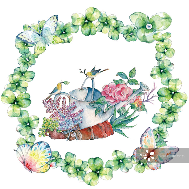 白色背景上的春天清新鲜花花朵和绿植树叶蝴蝶的特写镜头手绘水彩插画图片素材