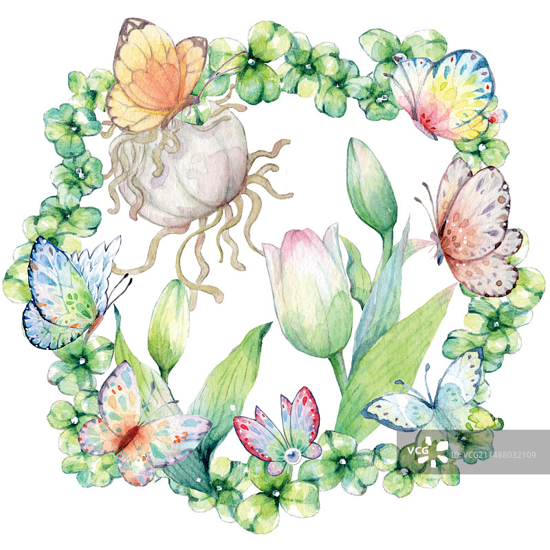 水彩手绘百合鲜花和美丽的蝴蝶绿植种植植树节立春节气护眼大自然环保插花插画图片素材