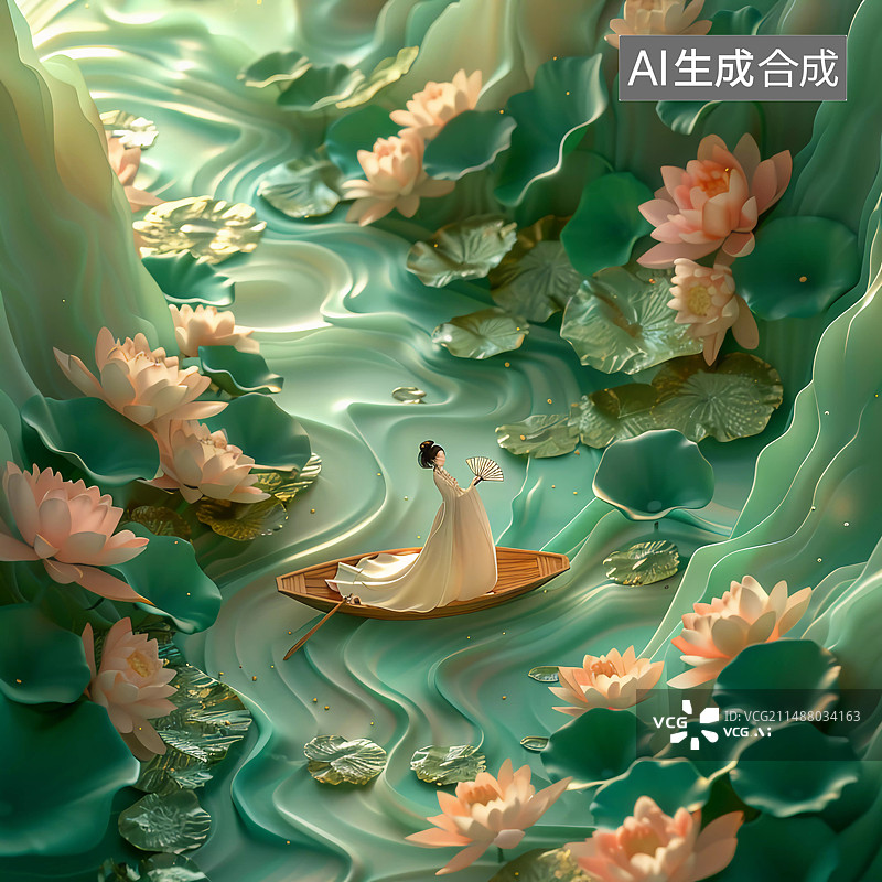 【AI数字艺术】3D微缩景观泛舟荷塘的汉族女子图片素材