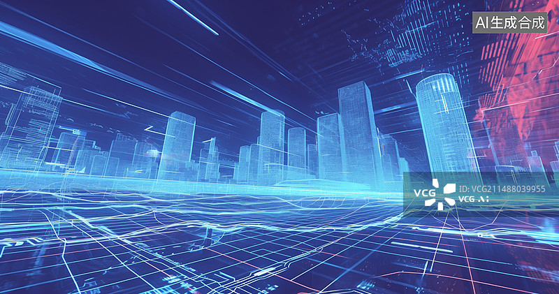 【AI数字艺术】蓝色线条城市科幻背景图片素材