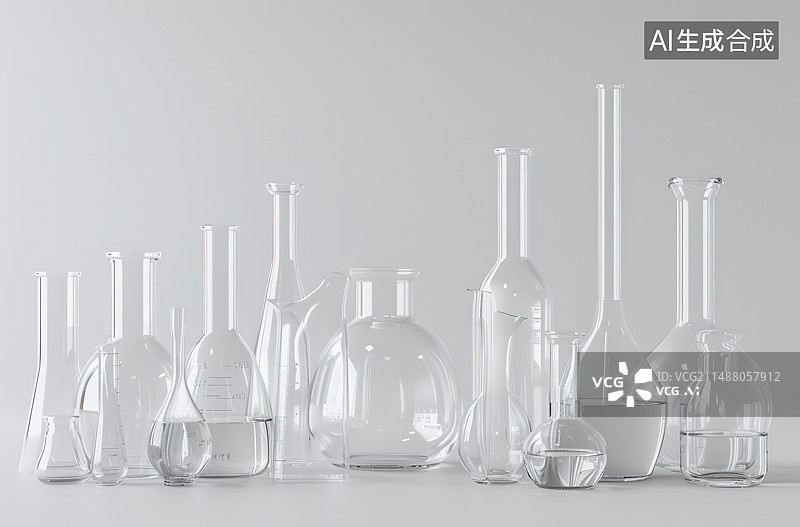 【AI数字艺术】白色背景下桌子上的烧瓶特写镜头图片素材