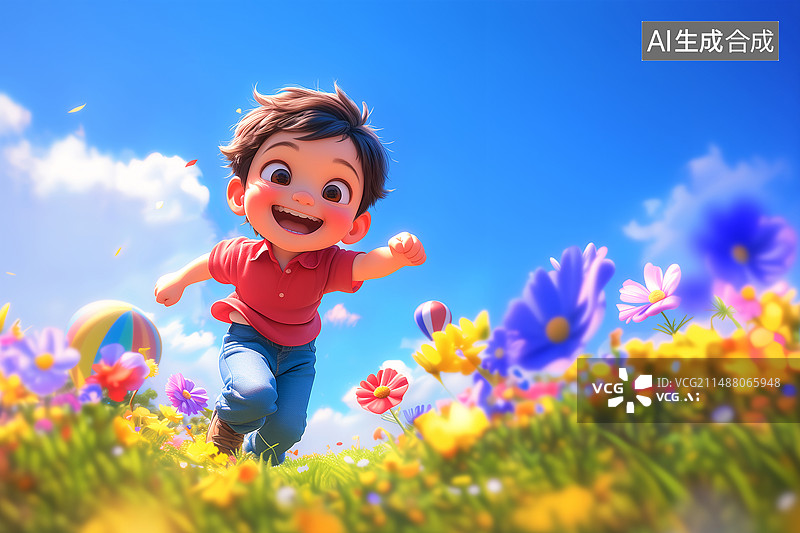 【AI数字艺术】一位小男孩开心的在花丛里奔跑六一儿童节插画图片素材