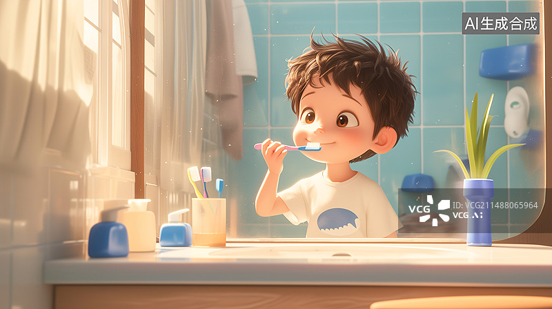 【AI数字艺术】一位小男孩在卫生间对着镜子在刷牙爱牙日3D插画图片素材