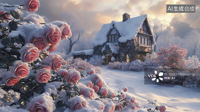 【AI数字艺术】数码冰封粉蔷薇花朵抽象图形海报网页PPT背景图片素材