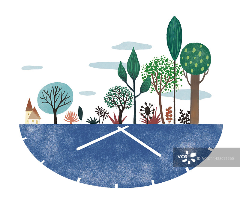 卡通创意时间钟表时光植物小清新彩色插图插画图片素材