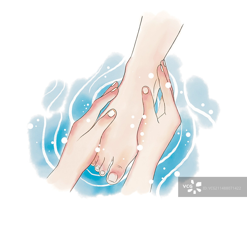 写实足浴女性健康养生洗脚按摩水抚摸脚背彩色插图插画图片素材