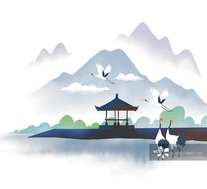 国风远山仙鹤亭子自然生态水边和谐生态彩色插图插画图片素材