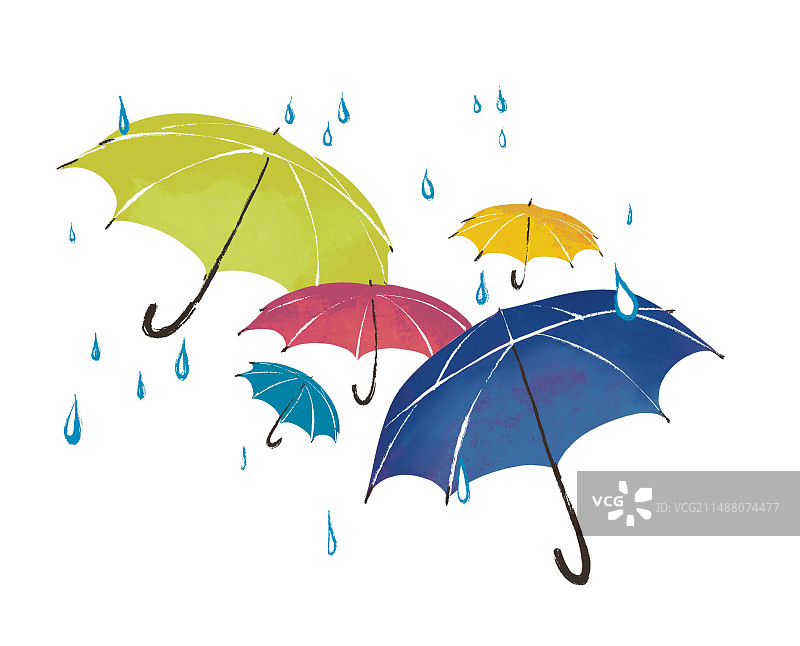 卡通户外雨伞雨具五彩雨滴多个雨伞夏季彩色插图插画图片素材
