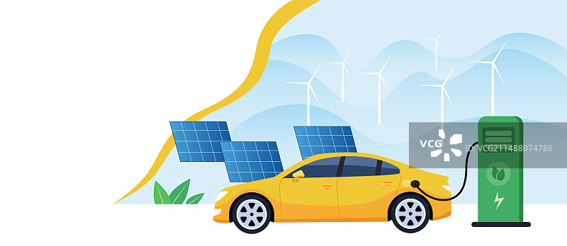 矢量新能源汽车插画素材，矢量新能源汽车插画素材，山脉背景，风力风车太阳能电板与充电桩。图片素材