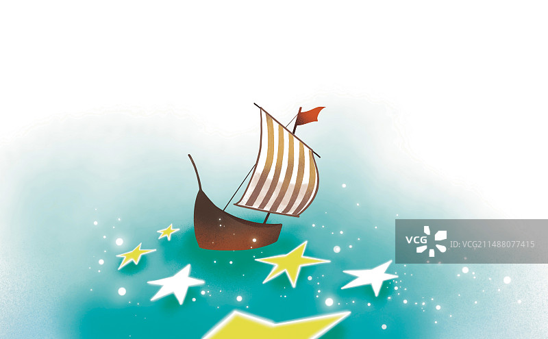 卡通想象意境星星小船帆船海洋无人意象彩色插图插画图片素材