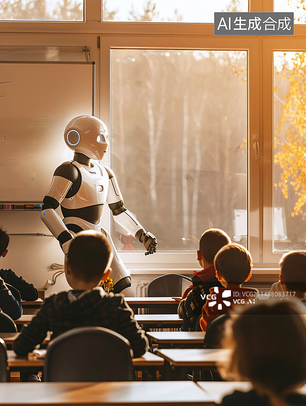 【AI数字艺术】人形机器人在给孩子们上课教学图片素材