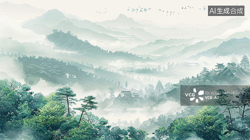 【AI数字艺术】新中式中国风薄雾翠绿色水墨山水画东方意境背景图图片素材
