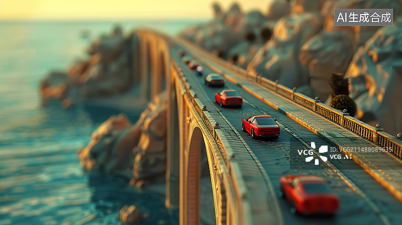 【AI数字艺术】夕阳下跨海大桥上的车流3D微缩景观模型图片素材