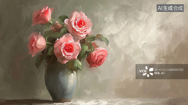 【AI数字艺术】个古典花瓶装着盛开的粉色月季花图片素材