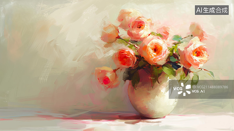 【AI数字艺术】个古典花瓶装着盛开的粉色月季花图片素材