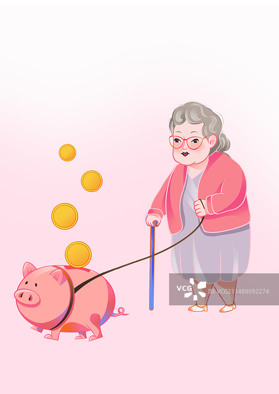 牵着存钱罐小猪的时髦老奶奶图片素材