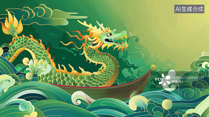 【AI数字艺术】国潮风中国龙，端午节划龙舟海报插画图片素材