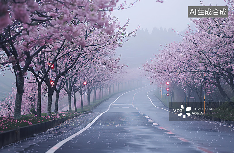 【AI数字艺术】空旷的道路映衬下的樱花树图片素材