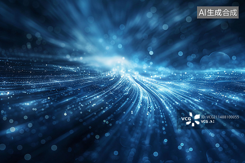 【AI数字艺术】蓝色科技抽象光子背景图，粒子光线汇聚前进科技背景图片素材