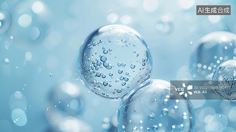 【AI数字艺术】水滴水分子和气泡在蓝白色背景中图片素材