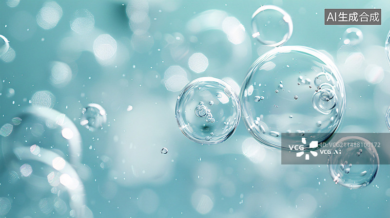 【AI数字艺术】水滴水分子和气泡在蓝白色背景中图片素材