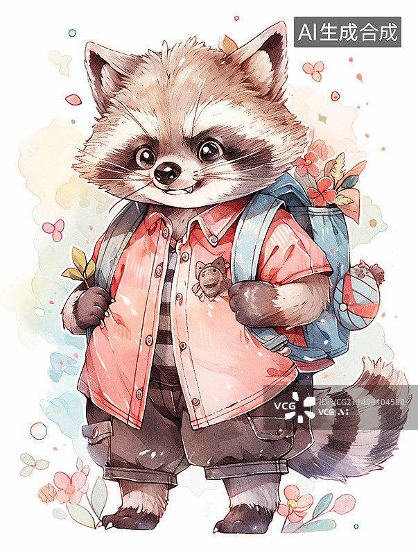 【AI数字艺术】浣熊水彩风插画图片素材