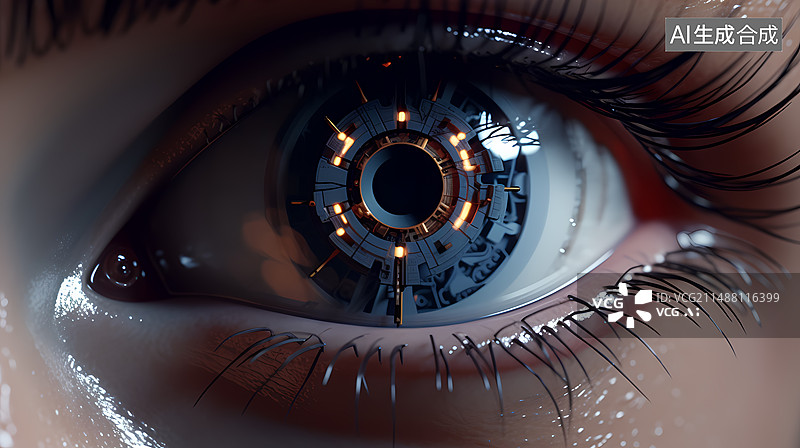 【AI数字艺术】一个人的瞳孔特写，机械眼球神经网络概念图片素材