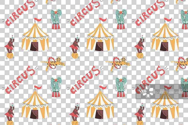 可爱的马戏团动物和帐篷无缝图案图片素材