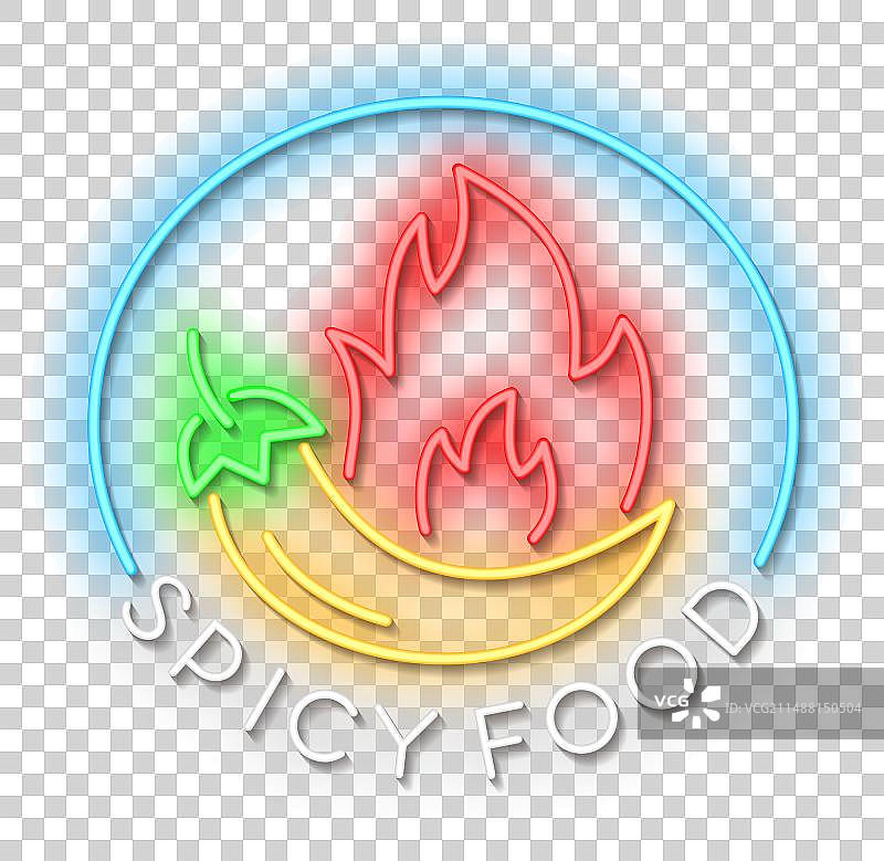 麻辣食物霓虹灯标志与砖墙背景矢量图图片素材