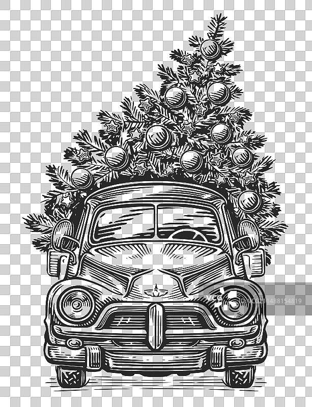 手绘农场卡车和圣诞树图片素材