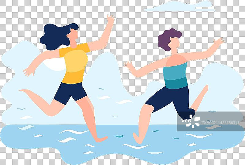 两名年轻女子在海滩上无忧无虑地奔跑，享受夏日图片素材