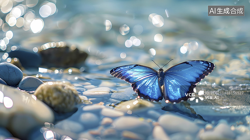 【AI数字艺术】数码海中清浅蓝蝴蝶场景抽象图形海报网页PPT背景图片素材
