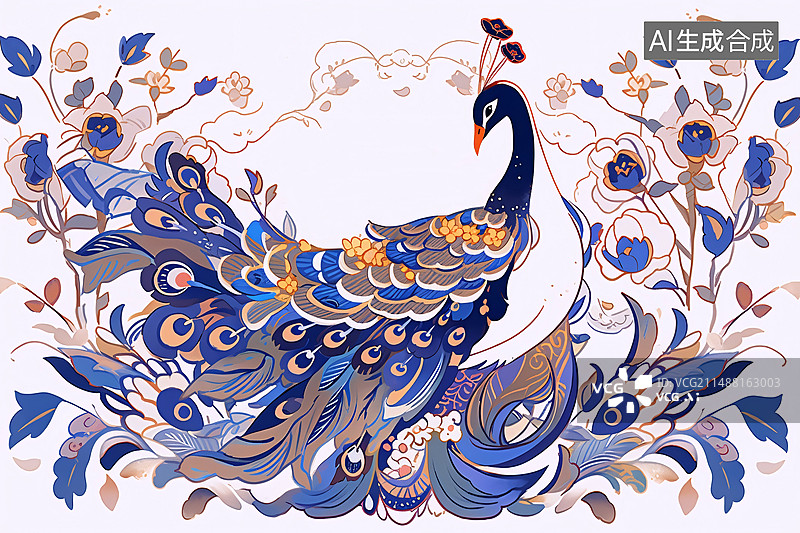 【AI数字艺术】美丽的孔雀在花丛里插画图片素材