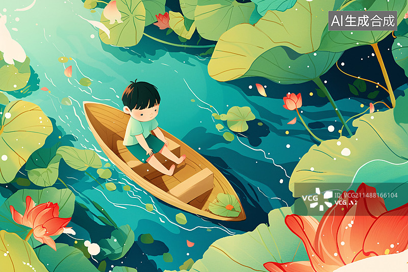 【AI数字艺术】立夏节气，夏天荷花荷叶清新儿童划船人物背景插画图片素材