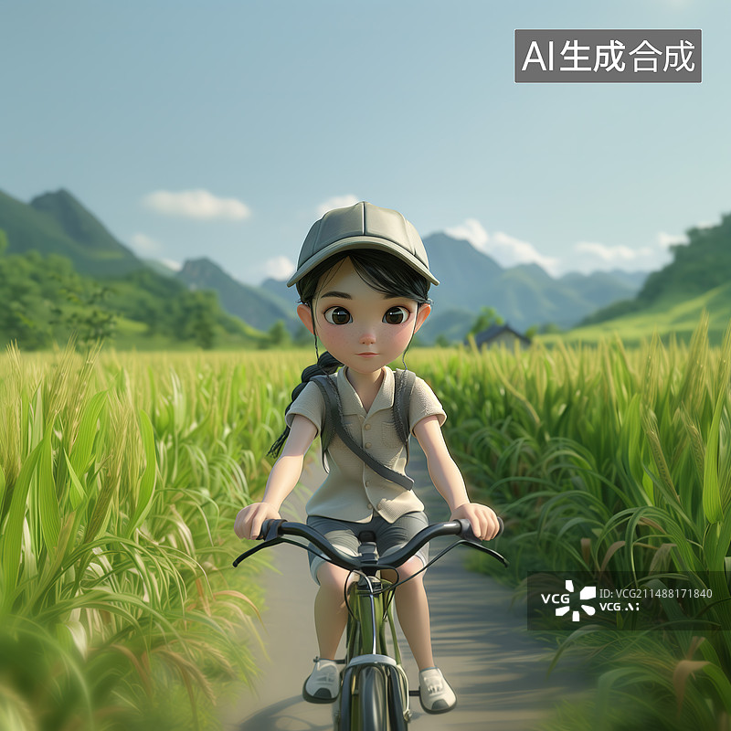 【AI数字艺术】3D,带鸭舌帽，骑行在乡间小路上的女孩，卡通人物，自行车，可爱，清新图片素材