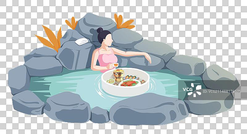 一个粉色背心女孩泡温泉吃海鲜大餐图片素材