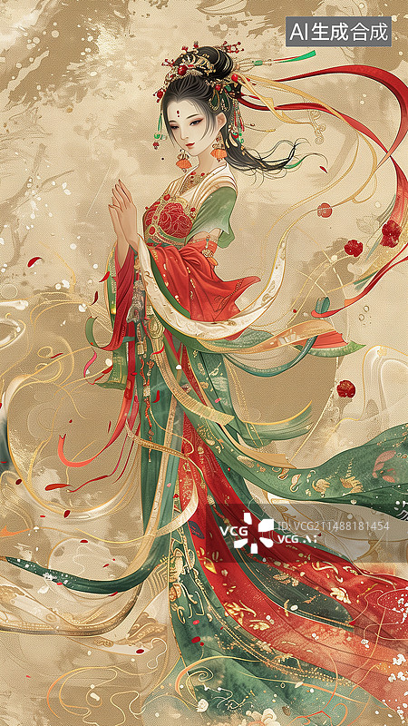 【AI数字艺术】唐卡画风，古装美人像，全身像，唐朝美女图片素材