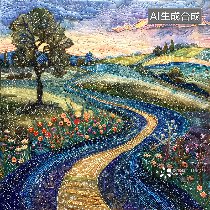 【AI数字艺术】山水画，刺绣山水，用缝纫线和钉珠缝制的山水图，春，节气图片素材