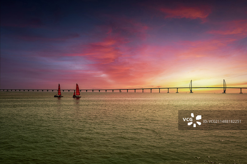 黎明前迎着早霞升帆出航港珠澳大桥图片素材