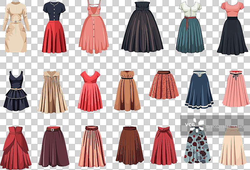 卡通风格的不同款女士连衣裙和半身裙图片素材