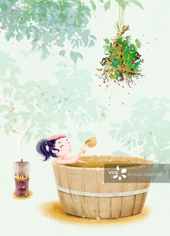 端午节洗药浴的女孩插画图片素材