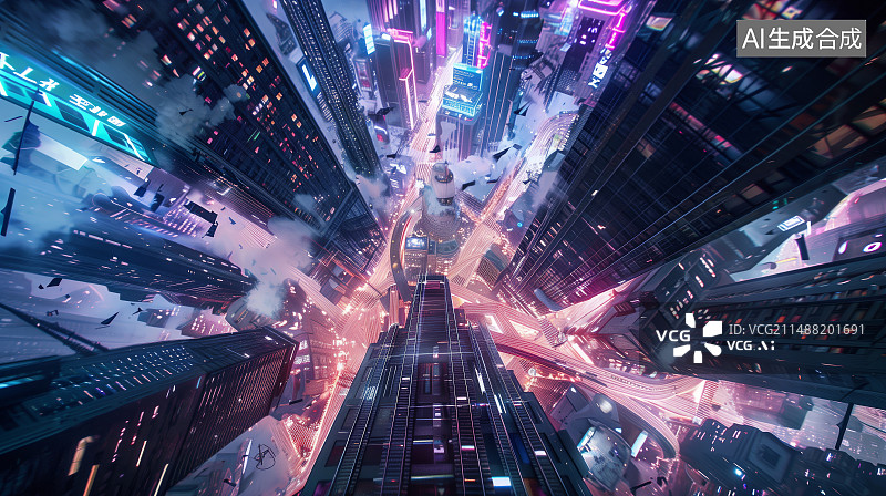 【AI数字艺术】未来城市夜景激光照明航拍图图片素材
