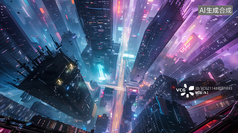 【AI数字艺术】未来城市夜景激光照明航拍图图片素材