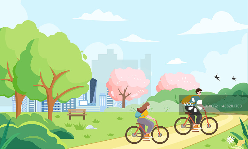 城市公园蓝天白云樱花踏青出游骑车运动矢量插图插画图片素材